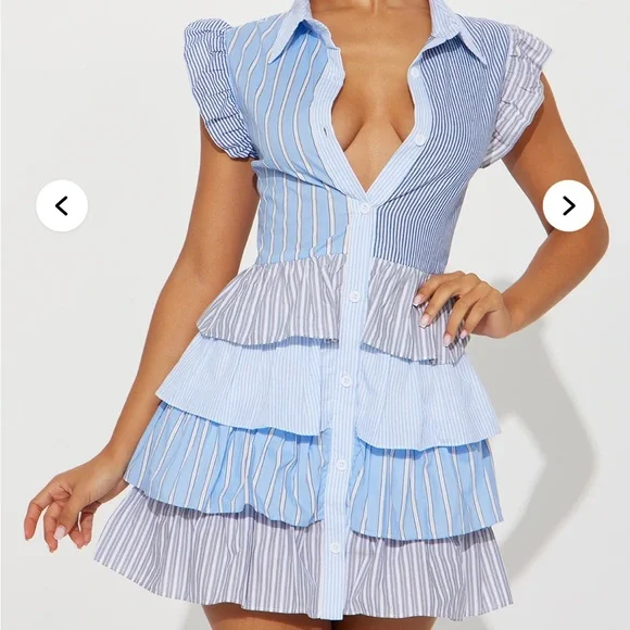 NWOT Striped Blue and White Babydoll Ruffle Mini Dress - Picture 2 of 3